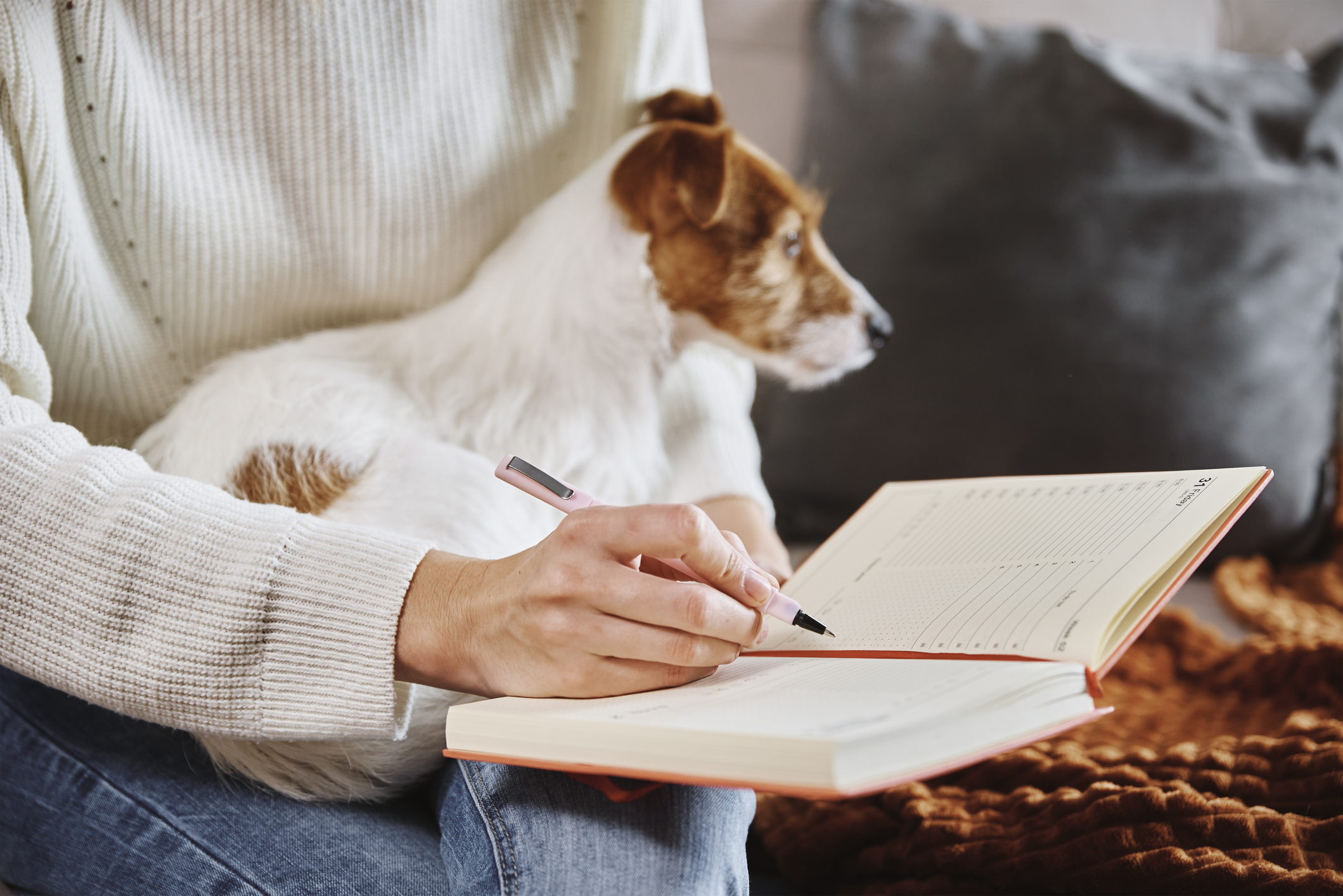 Woman Write Notes In Notebook At Home