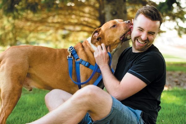 A dog joyfully licking a man.